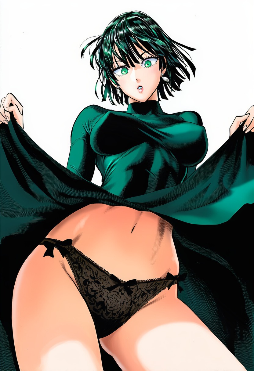 :o, 1girls, 2d, accurate art style, accurate body type, ai generated, ass visible through thighs, belly button, big breasts, black hair, black panties, bob cut, bow, bow panties, breasts, breasts apart, cel shading, clothed, clothes lift, clothing, covered collarbone, covered nipples, cowboy shot, dress, dress lift, earrings, erect nipples, erect nipples under clothes, eyelashes, female, female focus, female only, from below, front view, fubuki (one-punch man), green dress, green eyes, green hair, hair between eyes, high collar, high resolution, highres, jewelry, lace, lace trim, lace-trimmed panties, large breasts, lifted by self, lifting own clothes, light skin, light-skinned female, line art, lingerie, lingerie panties, long sleeves, looking at viewer, looking down, looking down at viewer, low-angle view, manga style, midriff, murata yuusuke (style), navel, no bra, official style, one-punch man, panties, pantsu, parted lips, perky breasts, shiny hair, shiny skin, simple background, solo, solo female, solo focus, standing, taut clothes, taut dress, thighs, tight clothing, underwear, viewed from below, white background