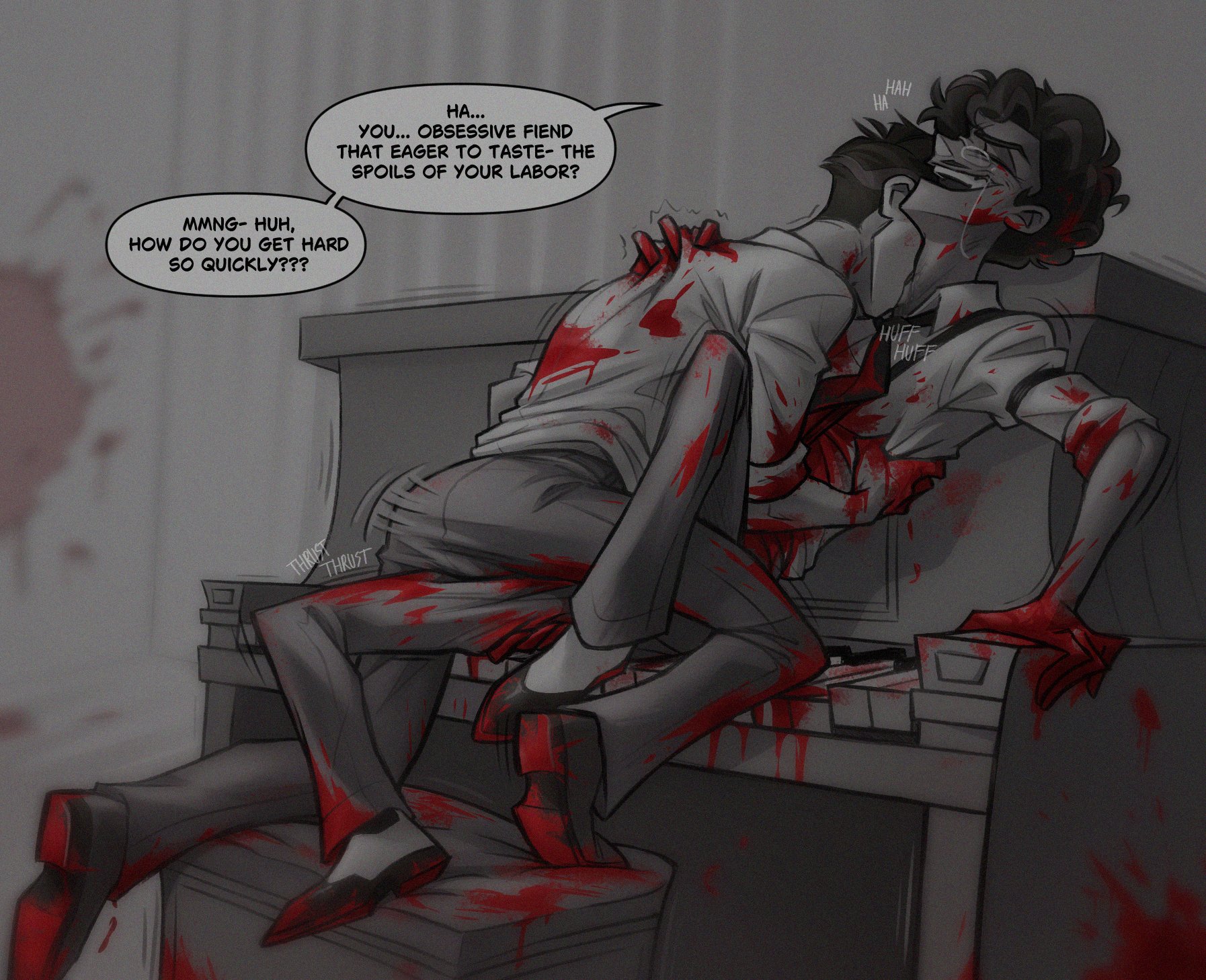 , 2boys, alastor (hazbin hotel), blood on face, blood stain, dominant, dominant male, domination, gay, gay domination, gay male, gay sex, grinding, grinding through clothes, hazbin hotel, human alastor (hazbin hotel), human vox (hazbin hotel), humping, kiss, kissing, kissing neck, maledom, malesub, neck kiss, ranksauce, submission, submissive, submissive male, vox (hazbin hotel), yaoi