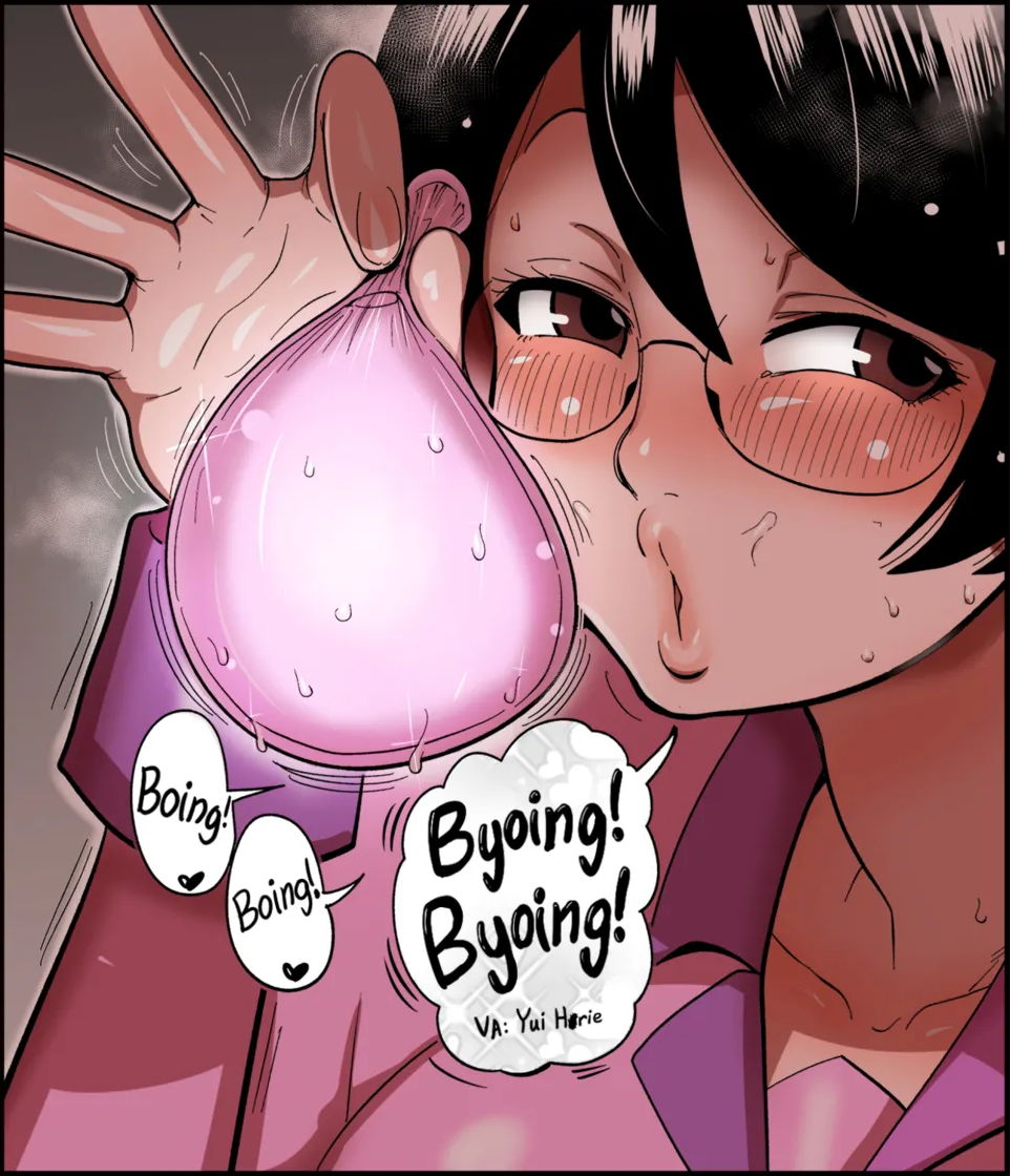 after sex, bakemonogatari, black hair, brown eyes, clothed, colored, english text, filled condom, glasses, hanekawa tsubasa, holding condom, kiliu, kizumonogatari, monogatari (series), open mouth, sweat, tagme