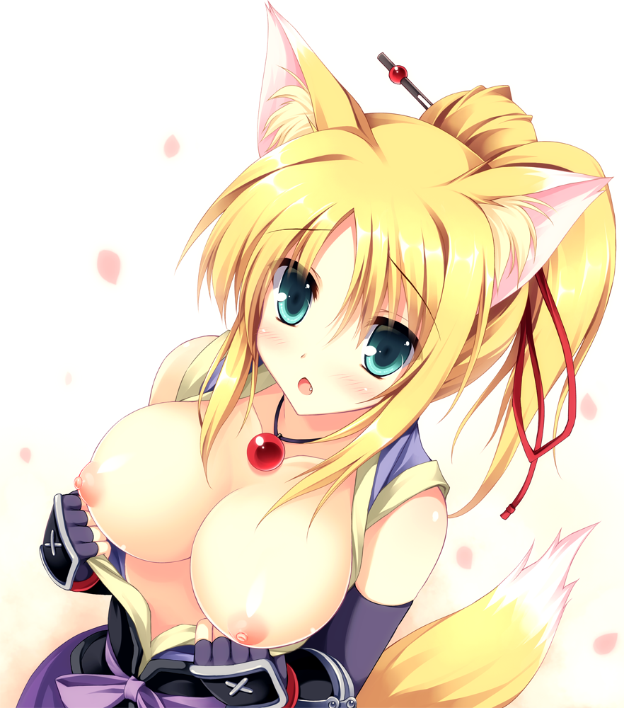 1girls animal_ear aqua_eyes bare_shoulders blonde_hair blush breasts cute_fang dog_days dog_ear dog_tail female fingerless_gloves fox_ear fox_tail from_above gloves green_eyes jewelry large_breasts long_hair necklace nipples open_clothes open_mouth open_shirt petals ponytail shirt solo tail tateha_(artist) tied_hair yukikaze_panettone