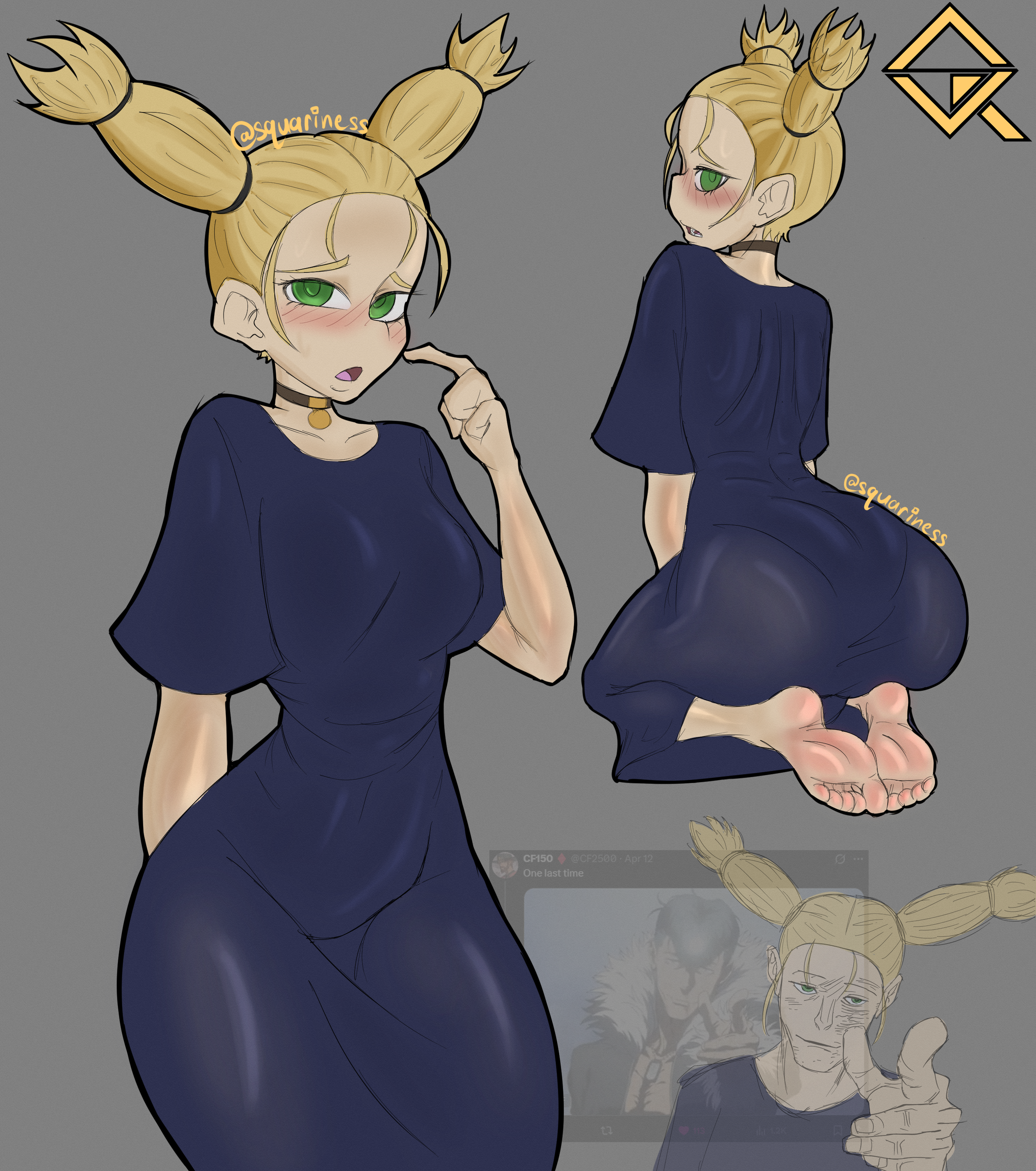 1girls, artist upload, big ass, blonde hair, blush, choker, dress, feet, female, green eyes, huge ass, jjk, jujutsu kaisen, mappa, nishimiya momo, pantylines, skin, squariness, tagme, tight clothing, tight dress