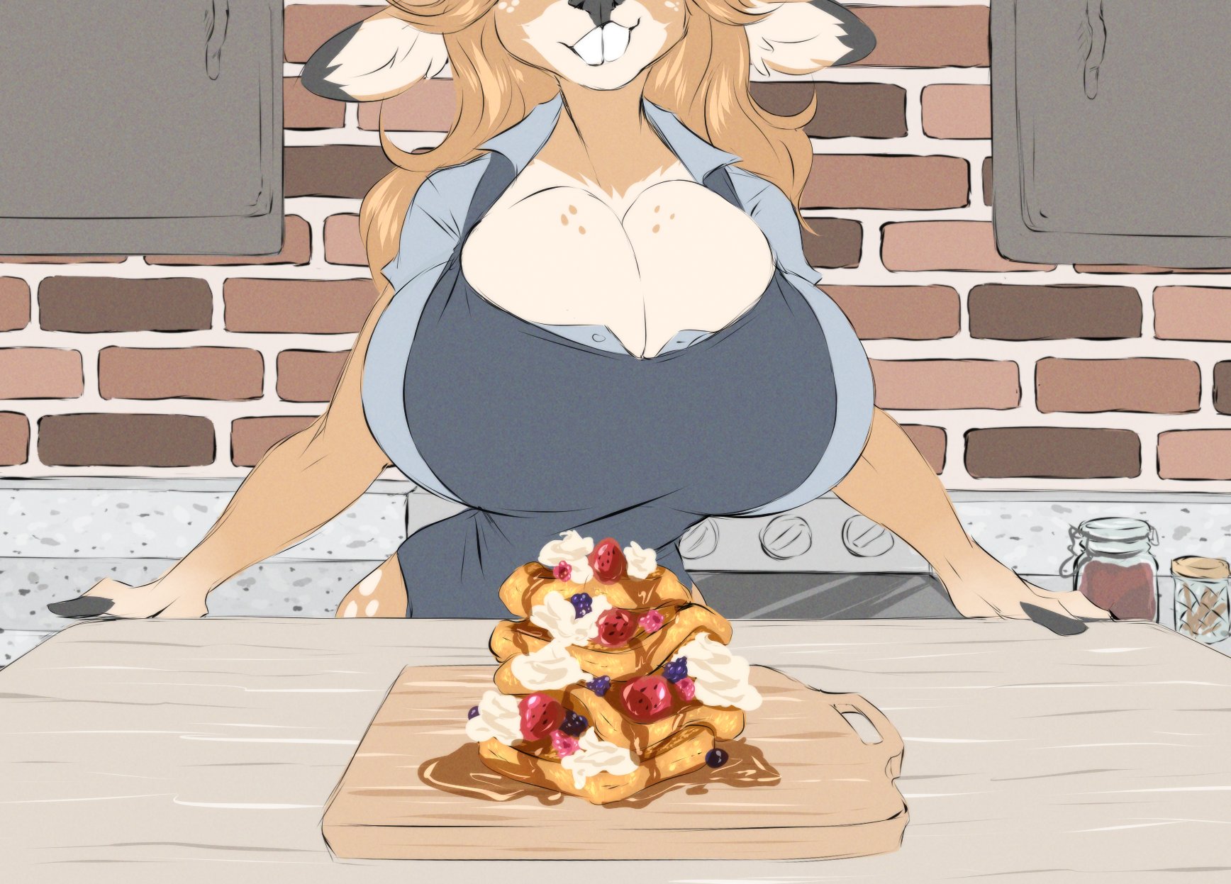 big breasts, breasts, cleavage, dullvivid, female, fiona fawnbags (dullvivid), food, french toast, furry, huge breasts, tagme, thick thighs, wide hips