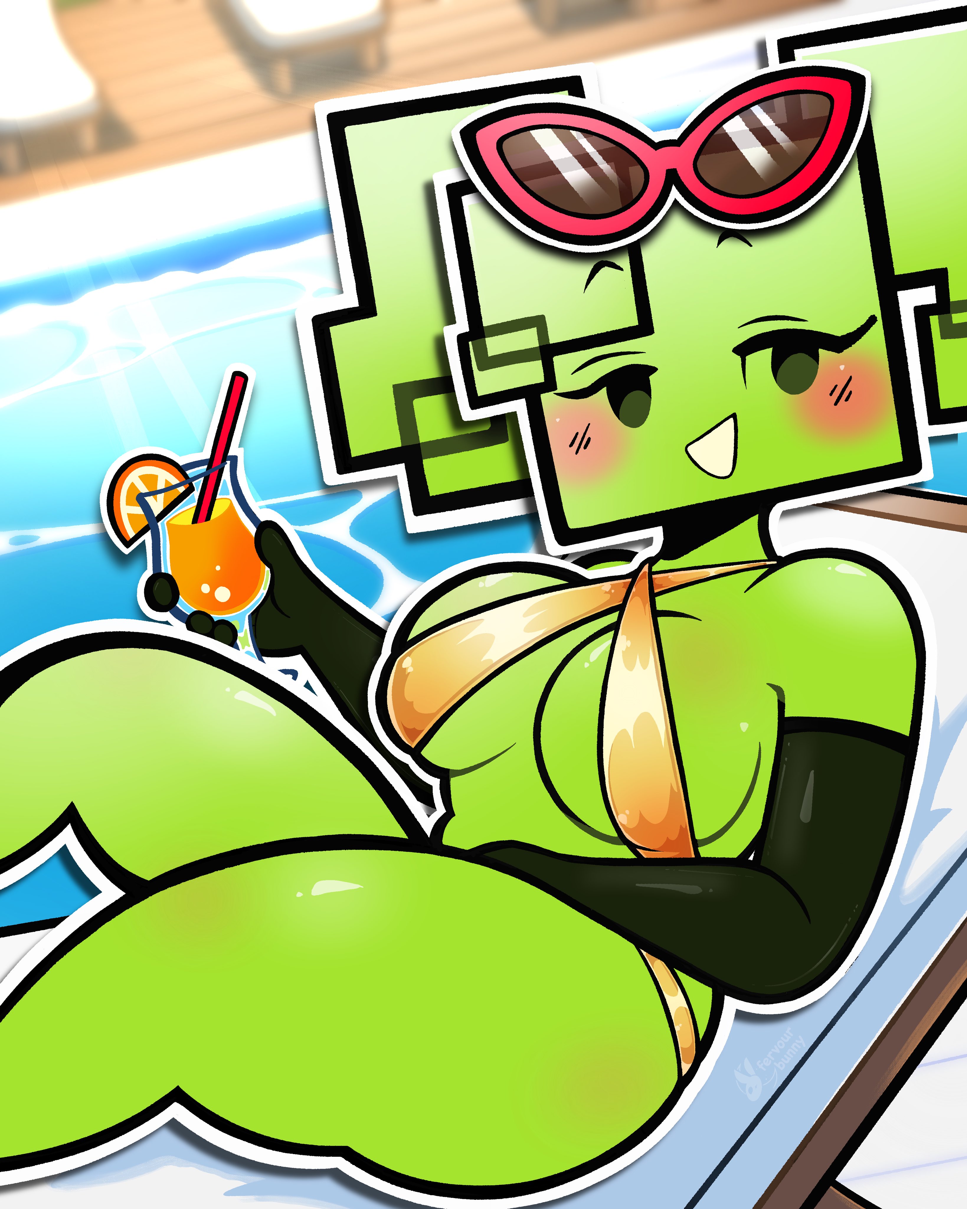 1girls, 2026, 2d, bikini top, blush, blushing, breasts, cleavage, elbow gloves, eyewear, eyewear on head, female, fervourbunny, golden week, green body, green hair, hair, looking at viewer, mario (series), mimi (super paper mario), nintendo, paper mario, skimpy bikini, solo, super paper mario, swimwear, thighs, twitter link