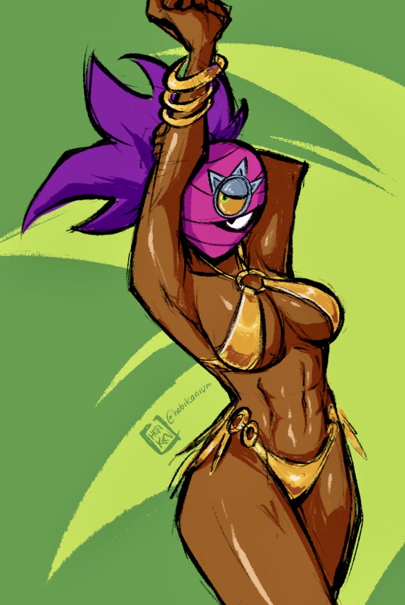 abs, armpits, arms up, artist request, bikini, brawl stars, breasts, covered face, dark skin, dark-skinned female, fit, fit female, gold bikini, long hair, mask, navel, purple hair, slim waist, stretching, tagme, tagme (artist), tara (brawl stars), thick thighs, tied hair, voluptuous, wide hips, wraps