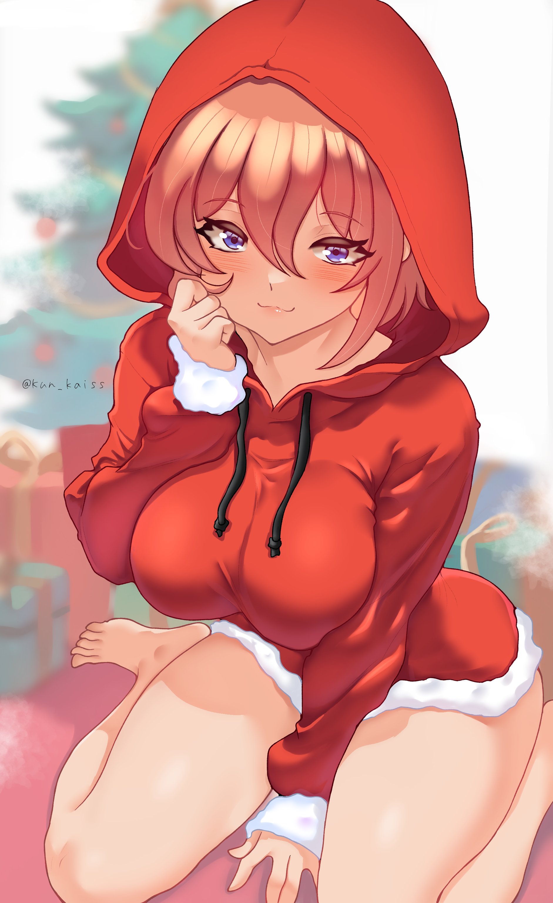 , 1girls, big breasts, bottomless, breasts, christmas, curvaceous, curvy, curvy female, curvy figure, doki doki literature club, hoodie, kun kaiss, looking at viewer, pinup, sayori (doki doki literature club), thick legs, thick thighs, thighs, tits, wide hips, wide thighs