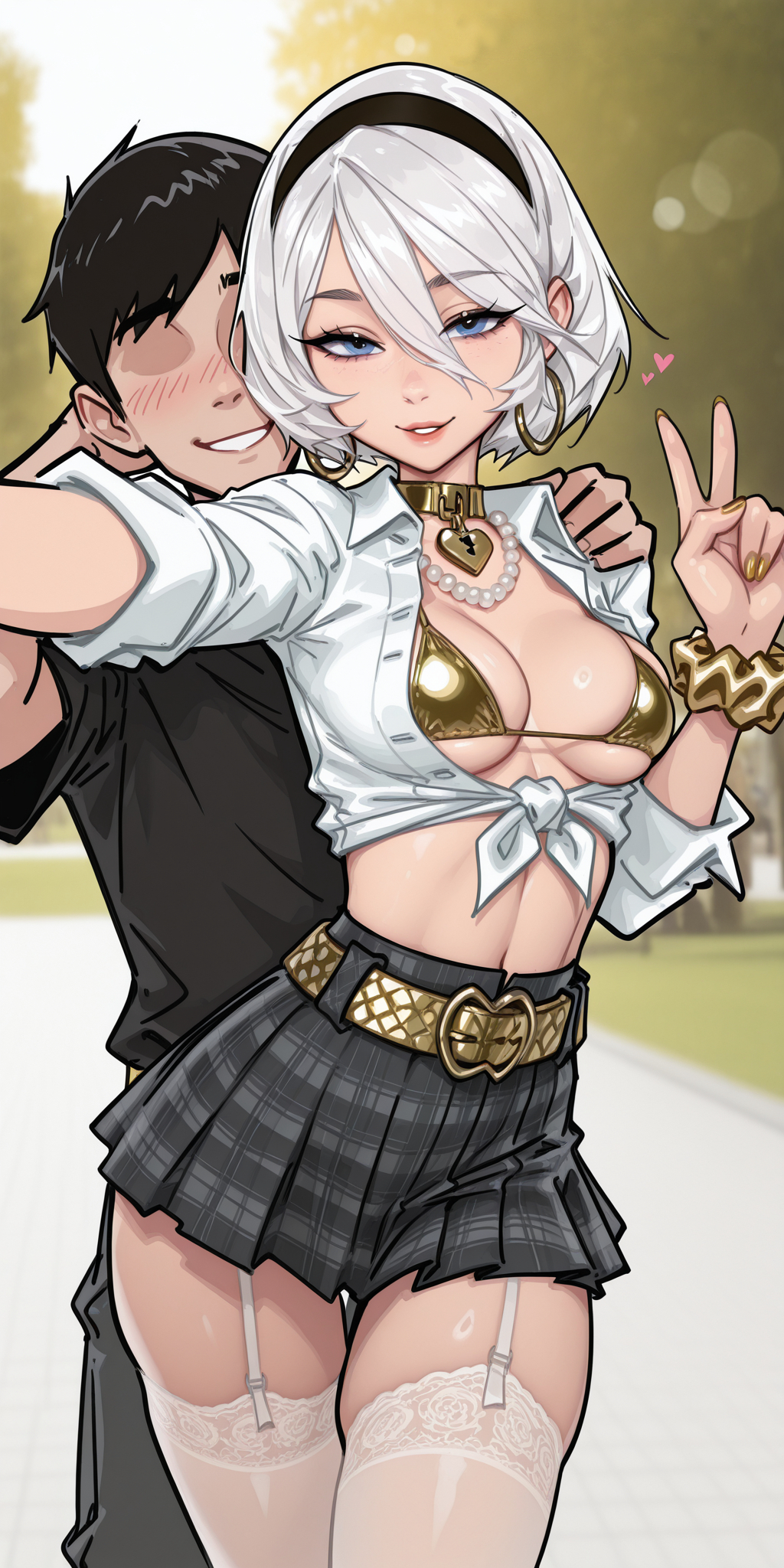 1boy, 1girls, ai generated, belt buckle, bikini, blue eyes, blush, breasts out, collared shirt, fingernails, garter straps, golden bikini, gyaru, hair between eyes, hairband, hand on shoulder, heart, heart collar, hoop earrings, lace trim, medium breasts, metal collar, molamaxuy, nail polish, nier: automata, outdoors, pearl necklace, perfect body, plaid skirt, rolled up sleeves, selfie, sexy, short hair, shy boy, shy smile, teasing, thighhighs, tied shirt, unbuttoned, v sign, white hair, wrist scrunchie, yorha 2b