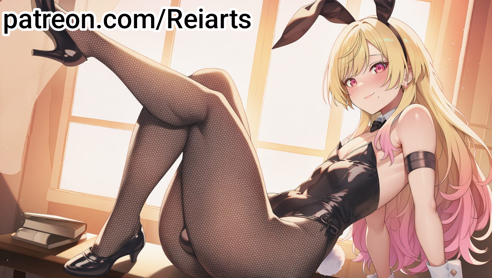 ai art, ai generated, androgynous, femboy, kinosaki mei, legs, legs up, long hair, marriagetoxin, pantyhose, playboy bunny, reiarts, solo femboy