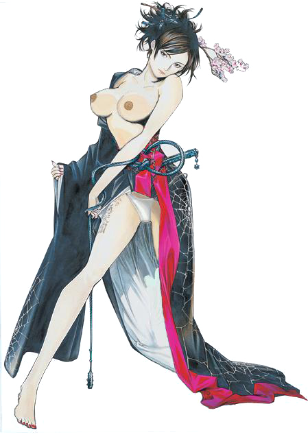 alternate_costume barefoot breasts brown_hair edit flowers geisha hair_ornament head_tilt japanese_clothes kanji kazama_asuka kimono nipples panties tattoo tekken tekken_5 toes topless white_panties