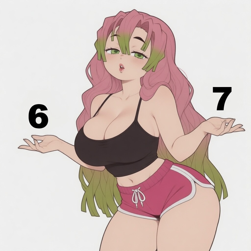 1girls, 67, 67 (meme), ai generated, big breasts, demon slayer, godilovebutts, kanroji mitsuri, meme, mitsuri kanroji, solo, solo female