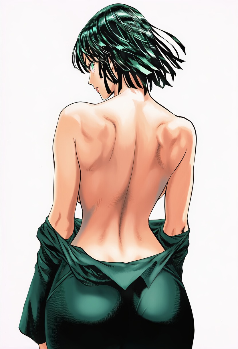 1girls, 2d, accurate art style, accurate body type, ai generated, arms at sides, ass, back, back focus, back view, backboob, bare back, bare shoulders, big breasts, breasts, busty, cel shading, closed mouth, clothing, cowboy shot, dress, dress down, dress pull, female focus, female only, from behind, fubuki (one-punch man), green dress, green eyes, green hair, high resolution, highres, large breasts, light skin, light-skinned female, line art, long sleeves, looking at viewer, looking back, manga style, median furrow, murata yuusuke (style), narrow waist, no bra, off shoulder, official style, one-punch man, partially clothed, shiny hair, shiny skin, short hair, shoulder blades, simple background, solo, solo female, solo focus, standing, taut clothes, taut dress, tight clothing, tight dress, toned, toned back, topless, topless female, undressing, viewed from behind, white background