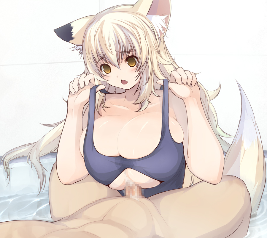 animal_ear blonde_hair breasts censored female fox_ear fox_tail fur fuyu huge_breasts long_hair one-piece_swimsuit open_mouth original paizuri paizuri_under_clothes penis penis_under_clothes plump swimsuit tail tub upper_body water yellow_eyes