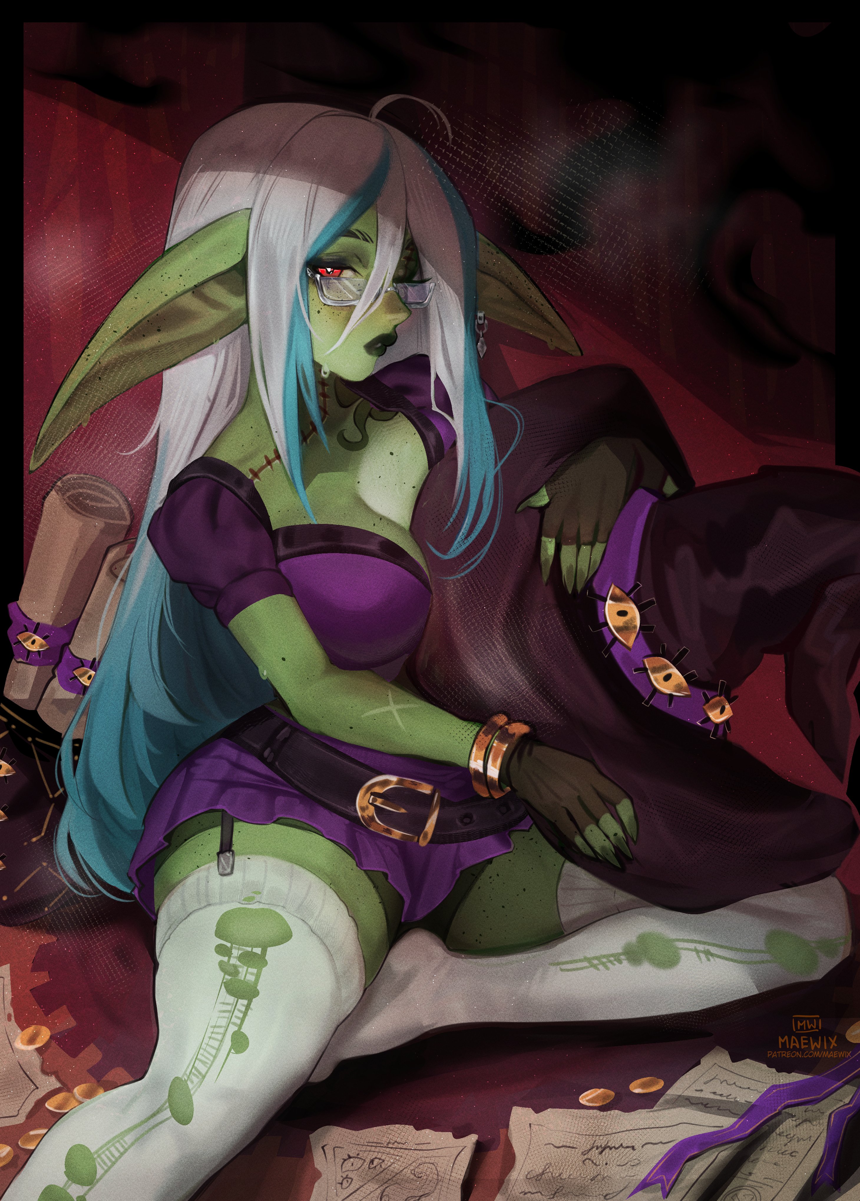 1girls, absurd res, bent leg, big ears, blue hair, bracelet, clothed, clothing, earrings, eyelashes, fawn (maewix1), female, female only, fingerless gloves, freckles, glasses, goblin, goblin female, green skin, long ears, long fingernails, long hair, looking at viewer, maewix1, one eye closed, original, pointy ears, red eyes, shaded, sitting, solo, stitches, stockings, thick thighs, torn stockings, two-tone hair, white hair, white stockings, witch hat