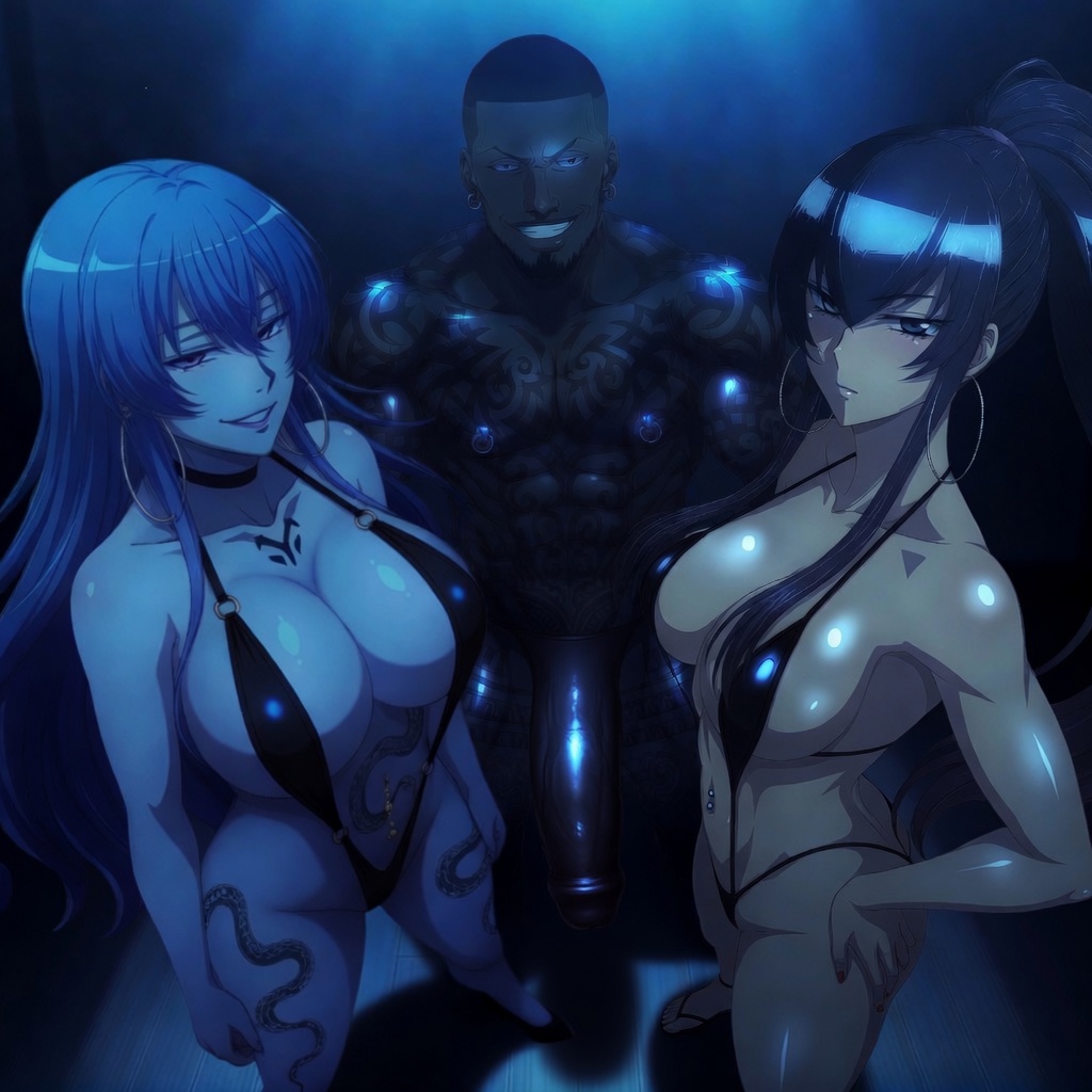 ai generated, akame ga kill!, ass, breasts, busujima saeko, cheating, cucked, cucked by bully, dark-skinned male, duo, esdeath (akame ga kill!), female, highschool of the dead, holding partner, impregnation, interracial, kissing, long hair, male, ntr, saeko busujima, snake tattoo, tagme, tattoo, tongue kiss