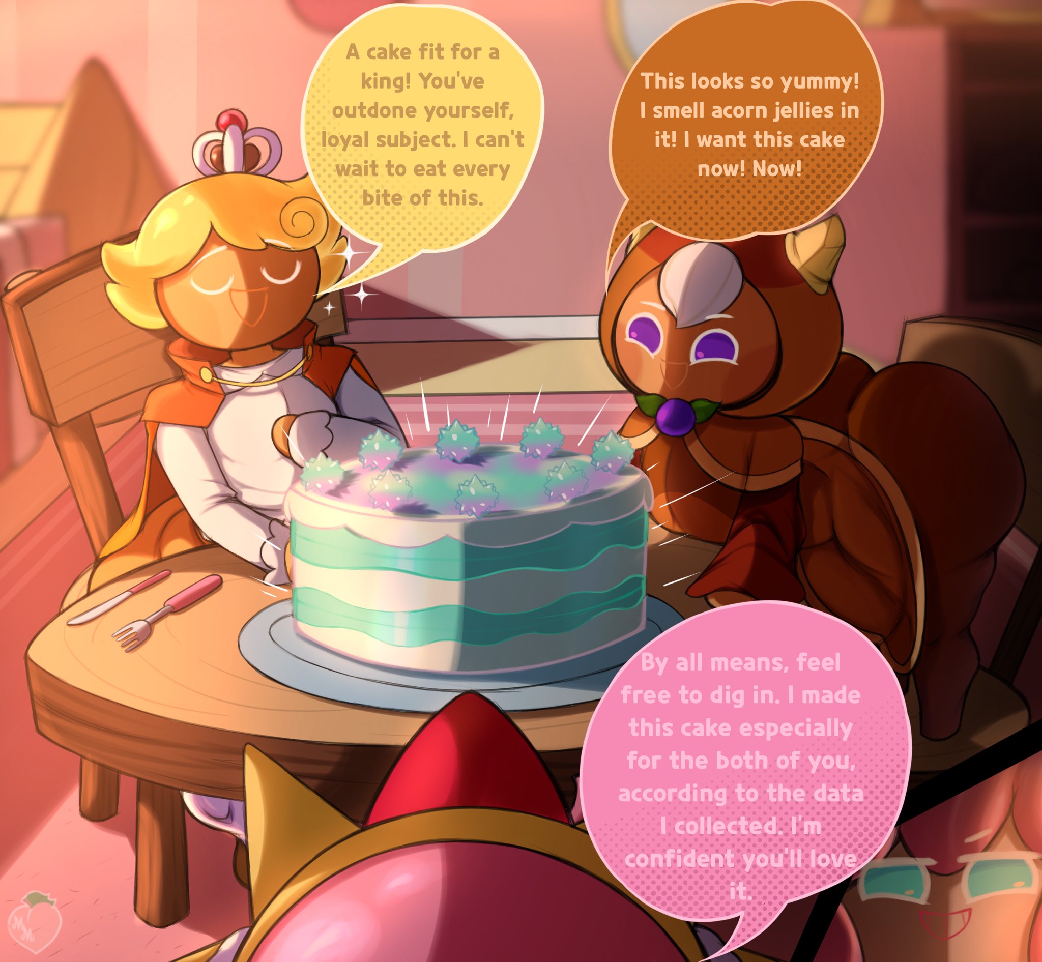 2boys, ambiguous gender, ass, ass focus, ass up, big ass, big ass (male), big butt, big butt (male), brown body, butt, butt focus, butt up, cake, caked up, cookie, cookie run, cookie run kingdom, cookies, crown, custard cookie iii, dark male only, dark skin, dark-skinned femboy, dark-skinned male, dark-skinned sissy, dark-skinned twink, digital drawing (artwork), digital media (artwork), eyes closed, femboy, femboy only, hi res, hoodie, in room, inside, male, male only, masterson mansion, nonbinary, pancake cookie, pink hair, purple eyes, shortstack, sitting at table, sitting in chair, smaller male, smiling, standing on chair, strawberry crepe cookie, table, text, text bubble, thick, thick ass, thick legs, thick thighs, turquoise eyes, white hair, yellow hair, young, young male, younger male