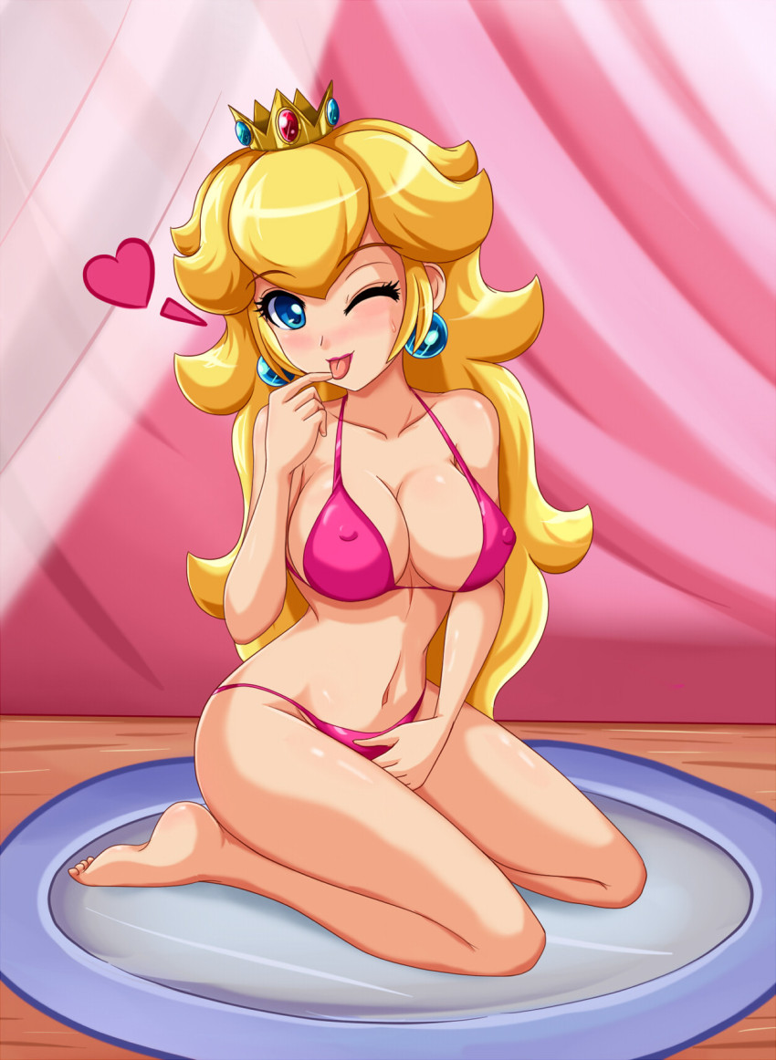 1girls barefoot big_breasts bikini blonde_hair blue_eyes blush bra breasts busty cleavage crown curvy dish earrings erect_nipples feet heart high_res huge_breasts jewelry kneeling lips long_hair looking_at_viewer mario_(series) navel nintendo nonude one_closed_eyes plate princess_peach sigurdhosenfeld sitting smile solo solo_female swimsuit thighs toes tongue tongue_out underwear wariza wink