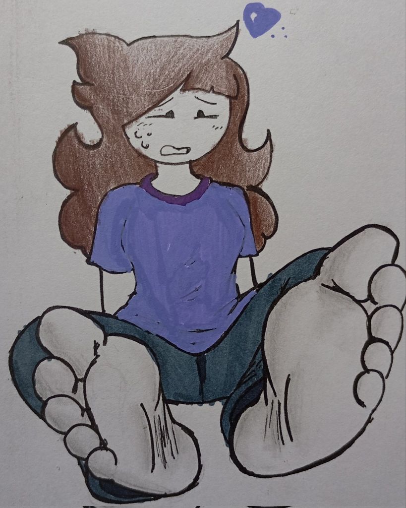 1girls, 2d, 2d (artwork), absurdres, barefoot, brown hair, brunette, cute female feet, drawing, feet, female focus, female only, foot fetish, foot focus, foot play, foot worship, highres, jaiden, jaiden animations, jaiden dittfach, lefeetaniestorm, long hair, nervous female, nervous sweat, presenting feet, purple shirt, sexy feet, showing feet, soles, soles fetish, solo female, sweating, toes, white background, youtube, youtuber