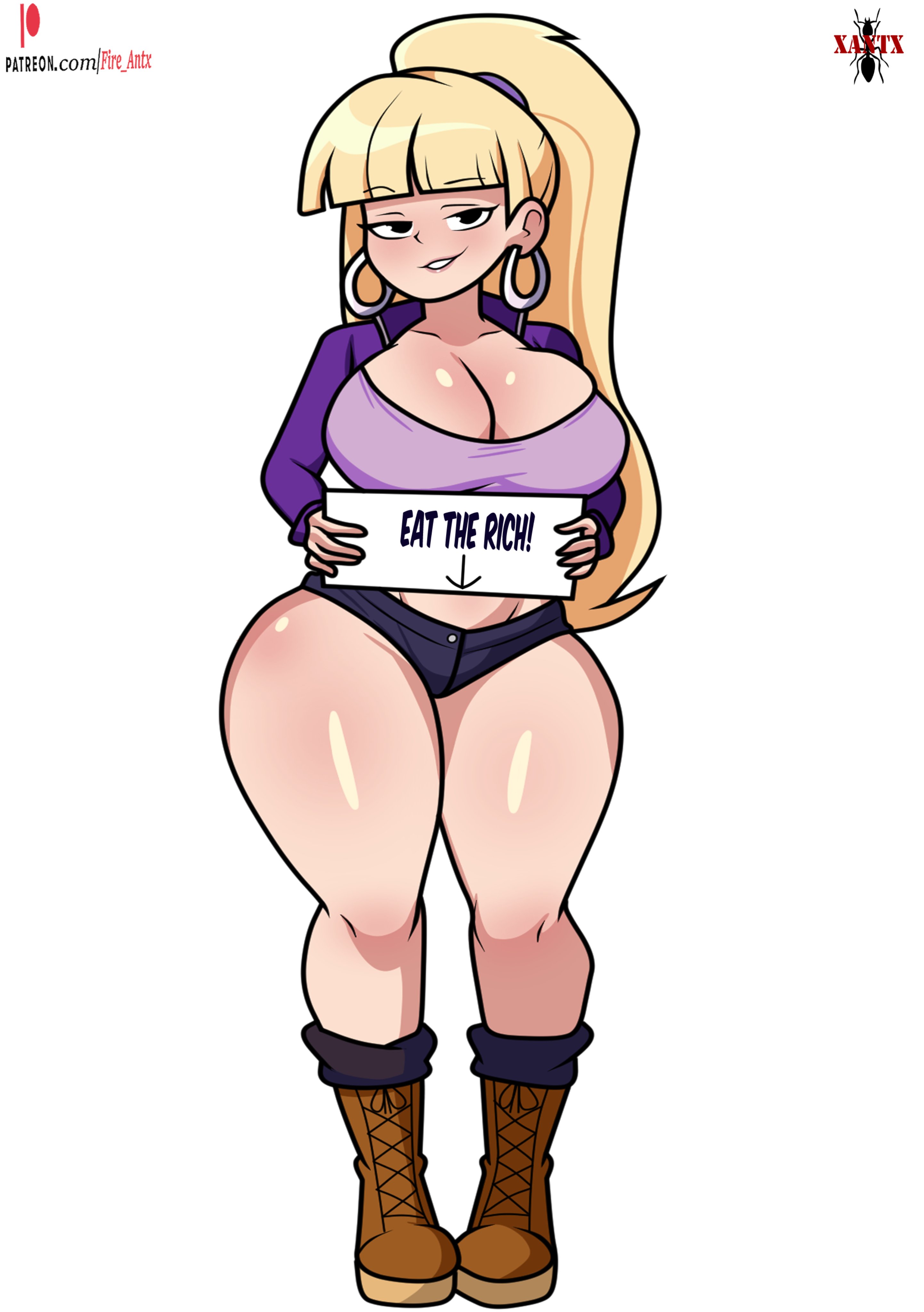 1female, 1girl, 1girls, adult, adult female, aged up, ass, bangs, big ass, big breasts, blonde, blonde female, blonde hair, blonde hair female, blonde-haired female, boobs, boots, breasts, cake, caked up, eat the rich, female, female only, fire antx, funny, gravity falls, hairband, holding object, holding sign, hourglass figure, hourglass figured female, jean shorts, lace-up boots, laced boots, long legs, pacifica northwest, purple jacket, seducing, seduction, seductive, seductive body, seductive eyes, seductive look, seductive pose, seductive smile, suggestive gesture, teasing, thick, thick ass, thick hips, thick legs, thick thighs, thighs, thunder thighs, thunderthighs, woman