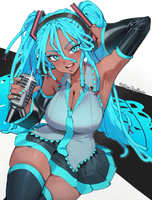 1girls, alternate skin color, aqua eyes, aqua hair, aqua nails, arm behind head, armpits, armwear, blackwashed, cleavage, dark skin, dark-skinned female, dreadlocks, dress, female, female focus, female only, hatsune miku, headphones, long hair, looking at viewer, microphone, nail polish, race swap, sintrybest, tagme, thick thighs, thighhighs, tie, twintails, very long hair, vocaloid