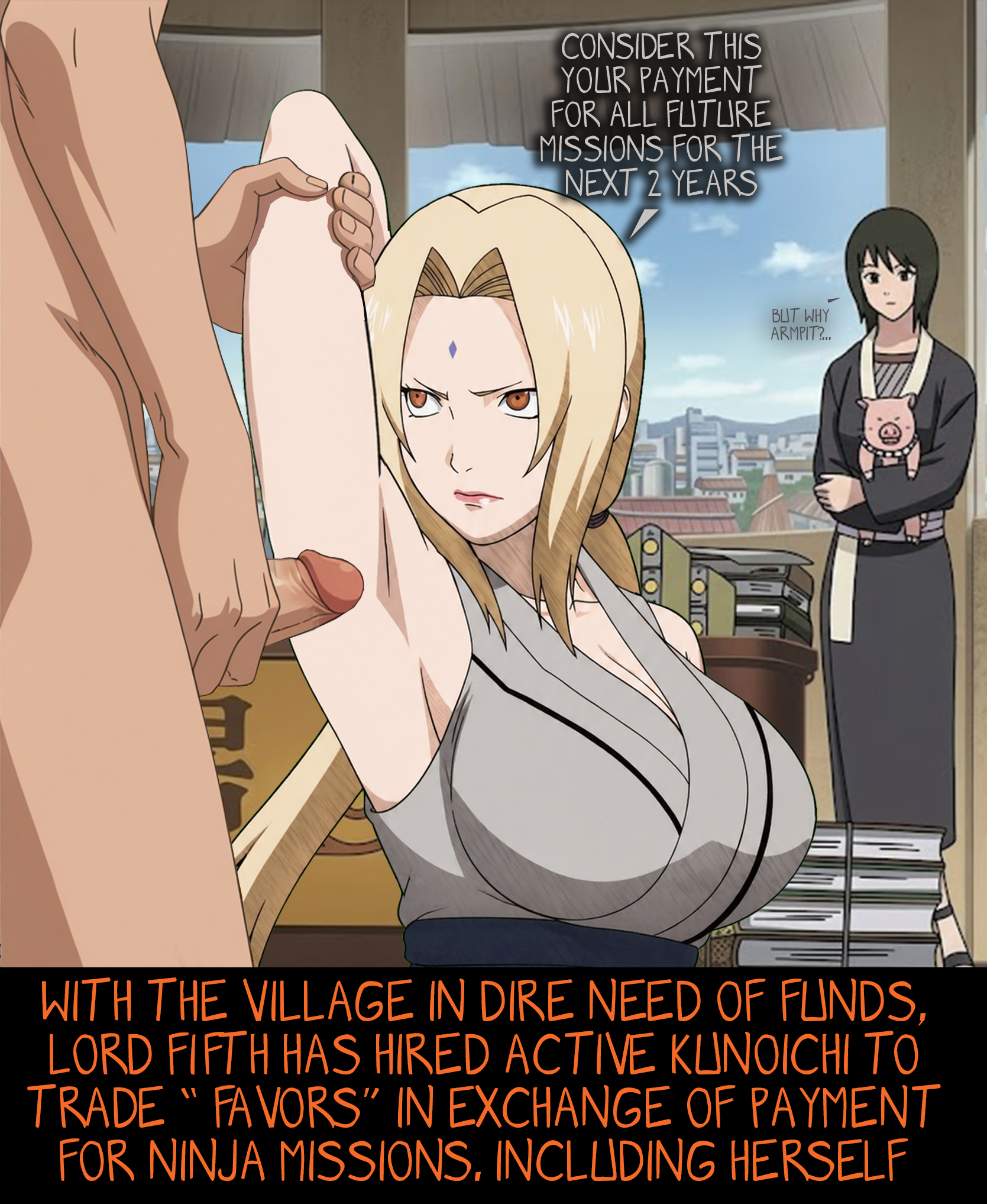 armpit fetish, armpit sex, armpits, breasts bigger than head, naruto (series), shizune, tonton, tsunade, tsunade (naruto)