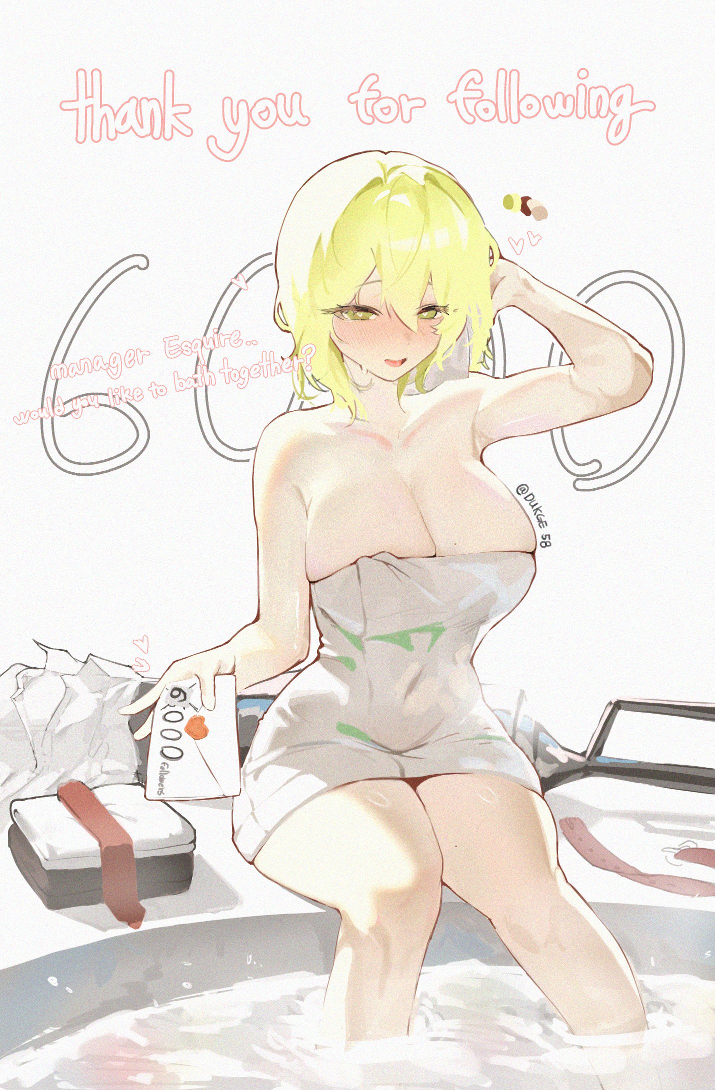 1girl, ambiguous gender, armpit, armpits, better version available, blonde hair, blush, breasts, dante (limbus company), don quixote (limbus company), don quixote (project moon), dukge58, english text, feet out of frame, heart, heart eyes, heart in eye, heart symbol, highres, holding, holding unworn clothes, large breasts, limbus company, milestone celebration, naked towel, nude, project moon, simple background, thighs, towel, white background, yellow eyes