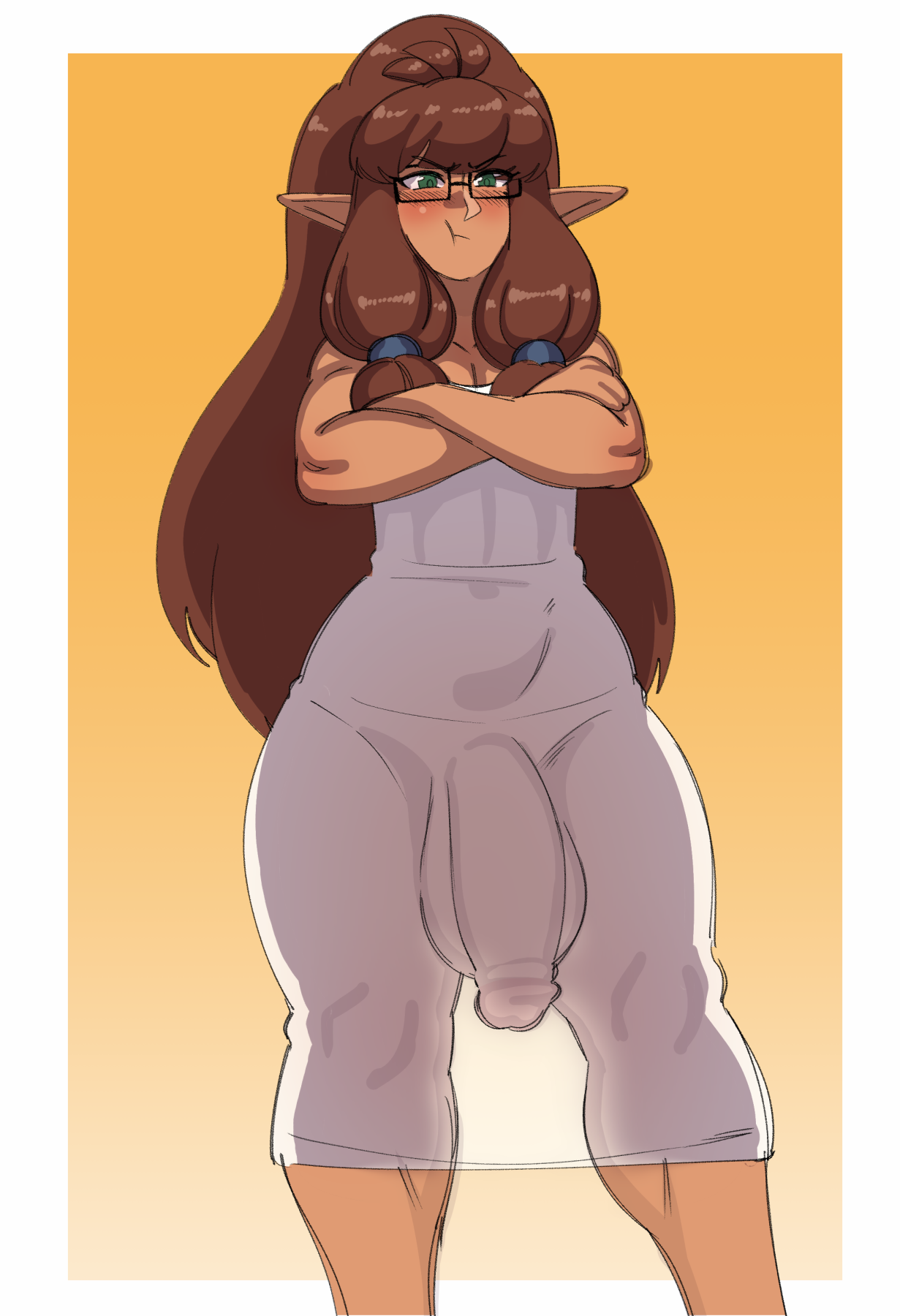 1boy, 1femboy, balls, ballsack, blush, blushing, brown hair, bulge, bulge under clothes, cock, crossed arms, dark skin, dark-skinned femboy, dark-skinned male, dark-skinned sissy, dark-skinned twink, dheartdoodles, dynamo-x, elf, elf ears, elf femboy, elf male, fable ardo (kc0r3), femboy, glasses, green eyes, large balls, large cock, large penis, long hair, mole under eye, oc, pointy ears, ponytail, pout, pouting, puffy hair, see-through, see-through clothing, see-through dress, side ponytail, solo, tan body, tan skin, thighs, tight clothing, tight dress