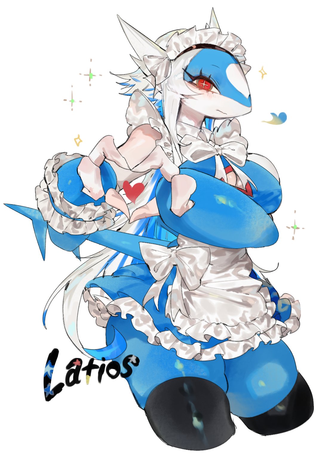 <3, 1girls, 3 fingers, anthro, black thighhighs, blue hair, blush, english text, eyelashes, female, female only, generation 3 pokemon, heart hands, hi res, latios, legendary pokemon, long hair, looking at viewer, maid, maid headdress, maid uniform, nintendo, pokemon, pokemon (species), red eyes, rule 63, solo, symbol-shaped pupils, text, thick thighs, thigh squish, thighhighs, toge77789, togetoge, two-tone hair, white background, white hair, x-shaped pupils