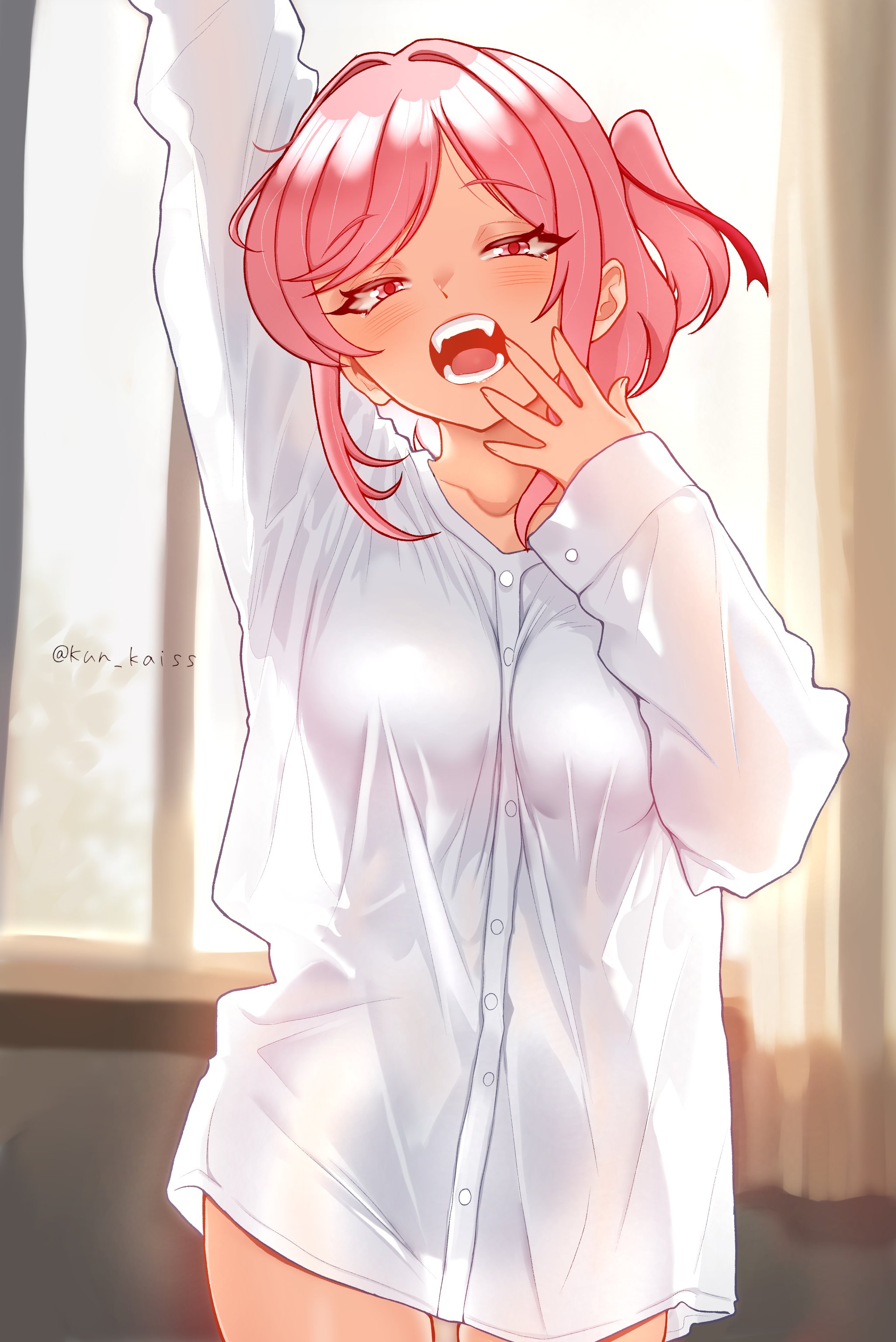 , 1girls, breasts, doki doki literature club, kun kaiss, natsuki (doki doki literature club), petite, petite body, petite breasts, petite female, pinup, shadow, thigh gap, thighs, tits, yawn, yawning