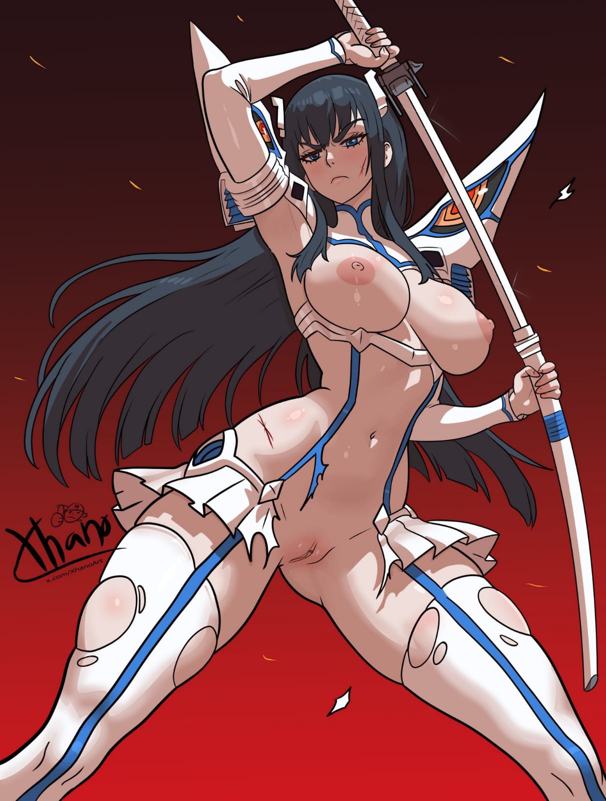 1girls, absurdres, black hair, black-haired female, blue eyes, boots, breasts, female, female only, hairless pussy, highres, junketsu, kill la kill, kiryuuin satsuki, large breasts, navel, no bra, no panties, pussy, revealing clothes, siblings, sisters, sword, thigh boots, trigger (company), uncensored, weapon, xhanoart