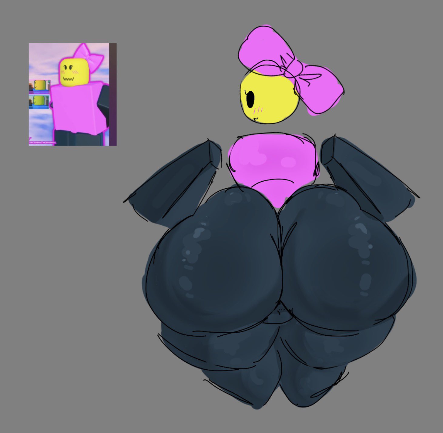 1boy, 1femboy, ass, balls, balls visible through clothing, big ass, big ass (male), blush, bottom heavy femboy, bow, casual dummy (the battle bricks), cute, dumptruck ass, femboy, feminine male, giant ass, huge ass, hyper, hyper ass, male only, pink clothing, puhf, reference image, roblox, roblox game, robloxian, skin tight, the battle bricks, tumore, yellow skin