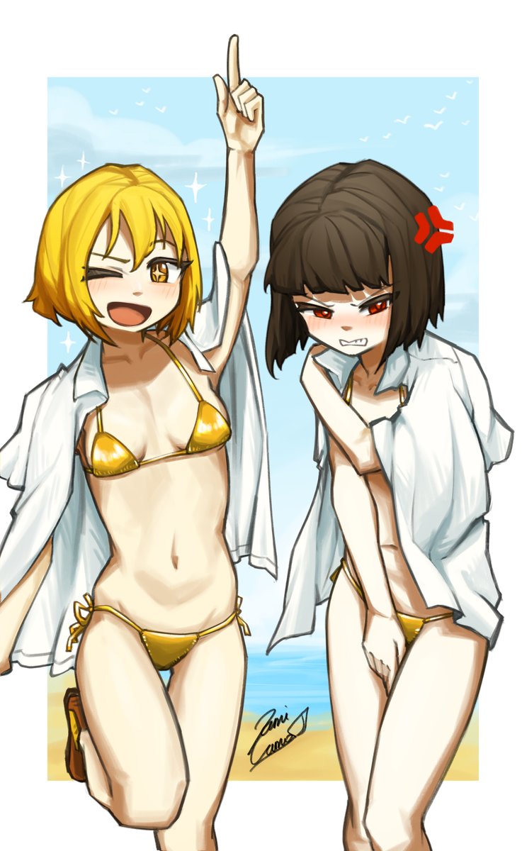 2girls, alternate version available, anger vein, angry, angry expression, angry face, arms up, artist name, artist signature, beach, bikini, bikini bottom, bikini top, black hair, blonde, blonde female, blonde hair, blonde hair female, blonde-haired female, blush, blush lines, blushing, blushing female, breasts, coat, coat on shoulders, collarbone, covering, covering breasts, covering crotch, don quixote (limbus company), embarrassed, embarrassed expression, embarrassed female, excited, excited expression, excited face, excited female, female, female focus, female only, flat chest, flat chested, flat chested female, golden bikini, golden week, legs, legs up, limbus company, looking at viewer, micro bikini, petite, petite body, petite breasts, petite female, project moon, red eyes, ryoshu (limbus company), sami camo, short hair, showing off, small breasts, tagme, thighs, yellow eyes, yellow hair