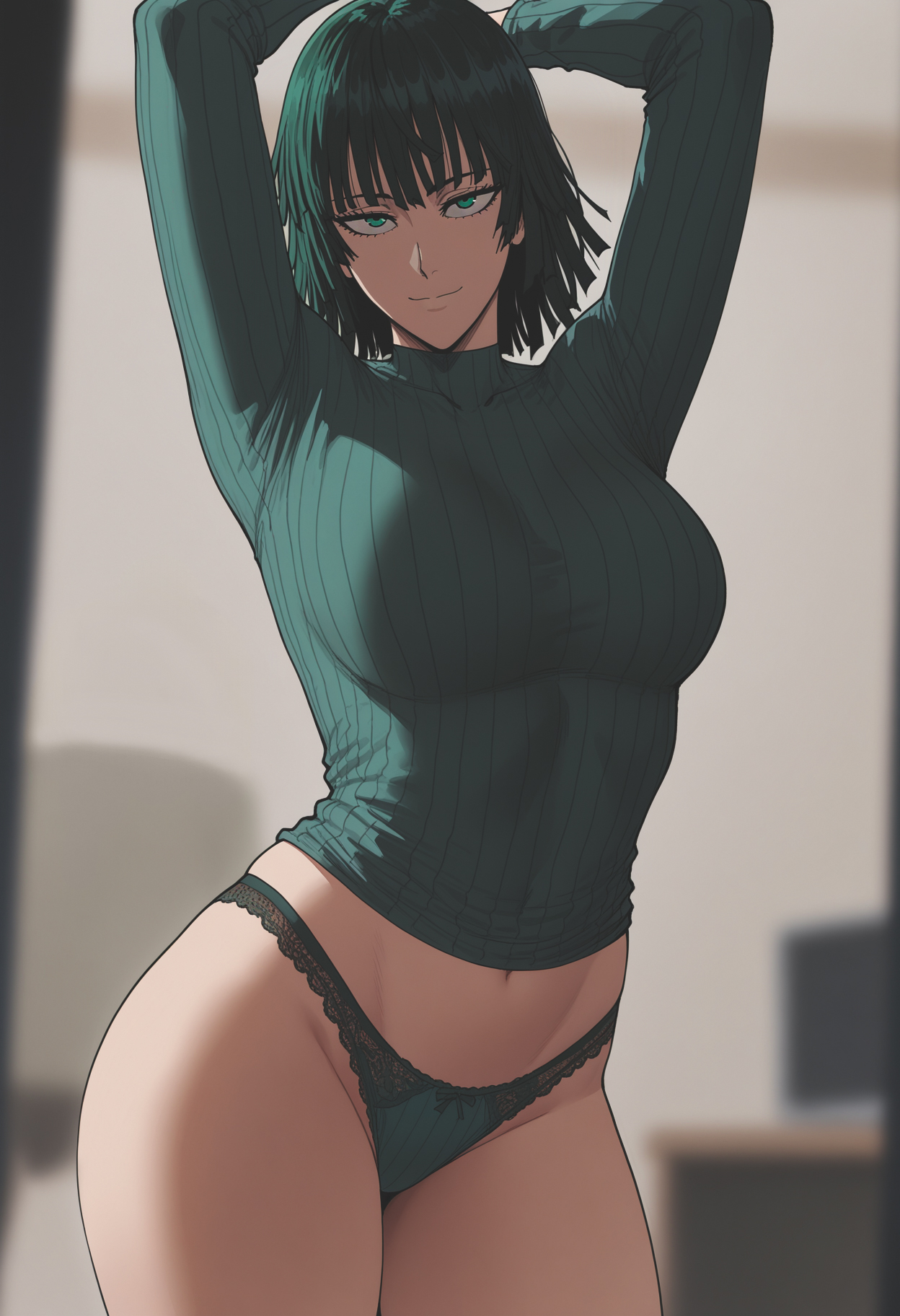 1girls, ai generated, big breasts, fubuki (one-punch man), green eyes, green hair, one-punch man, ozyvan, short hair, thick thighs