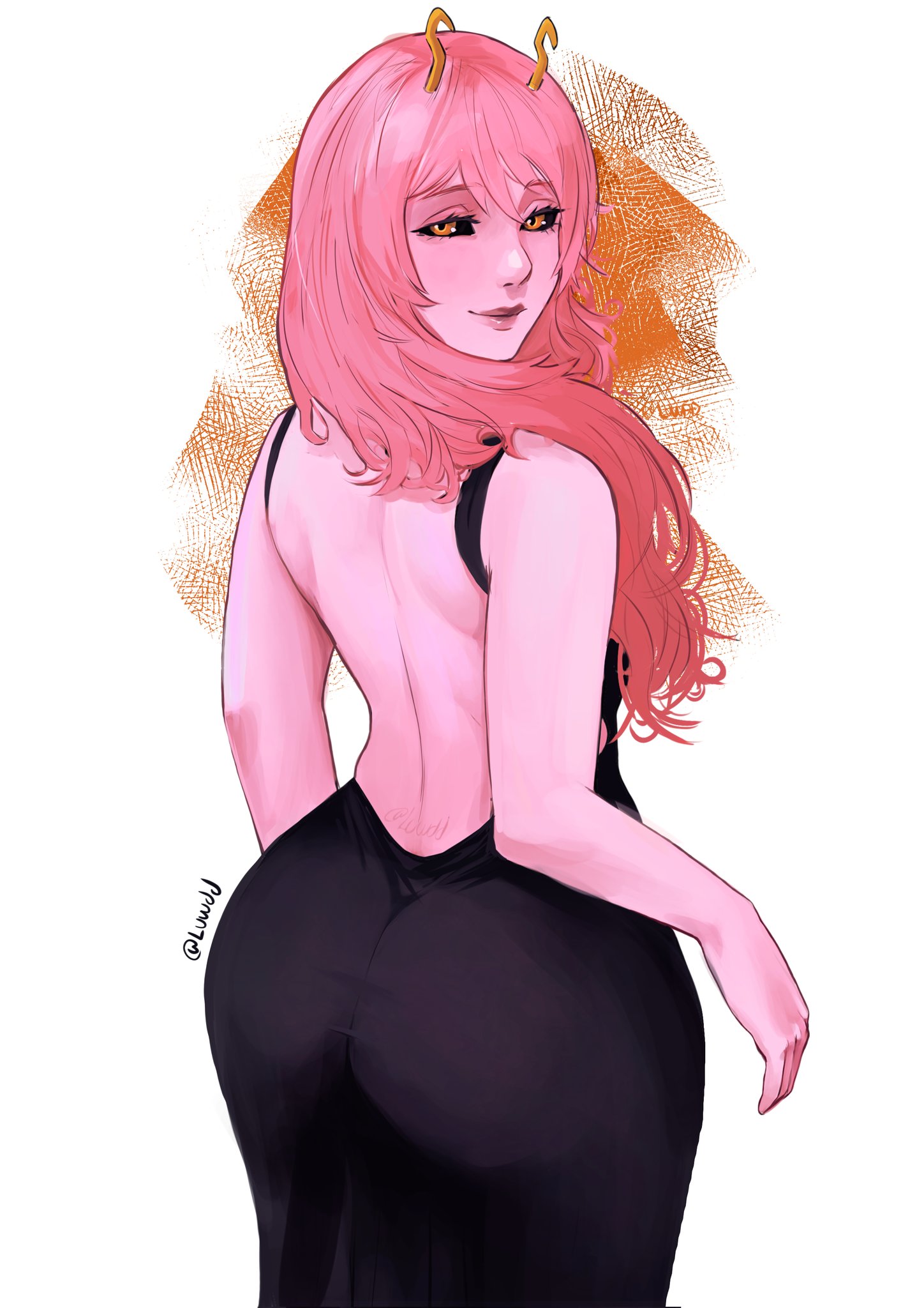 1girls, ashido mina time-skip, ass, boku no hero academia, dress, female, female focus, female only, large ass, long hair, luwdd, mina ashido, mina ashido curvy (meme), mina ashido time-skip, my hero academia, my hero academia (finale), pink body, pink hair, post-timeskip, solo, thick thighs, thighs, wide hips