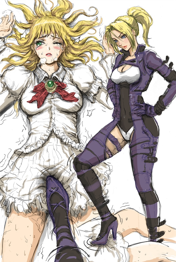 2girls blonde_hair blue_eyes bodysuit buckles dress drool emilie_de_rochefort gloves green_eyes hands_on_hips high_heels multiple_girls neongun nina_williams one_closed_eyes sweat tear tekken trample white_dress