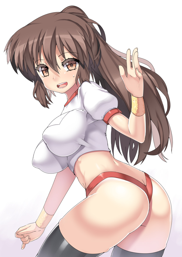 ass black_legwear breasts brown_eyes brown_hair buruma female female_only gym_uniform human impossible_clothes impossible_shirt kyon kyonko large_breasts long_hair looking_back nagase_haruhito navel no_bra ponytail rule_63 simple_background solo suzumiya_haruhi_no_yuuutsu sweatband thighhighs tied_hair waving white_background