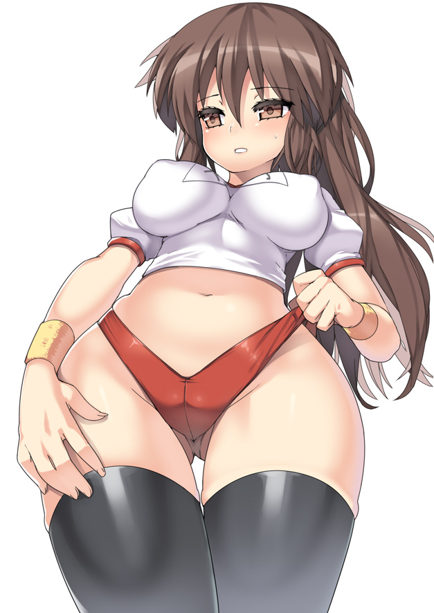 black_legwear blush breasts brown_eyes brown_hair buruma erect_nipples female female_only from_below gym_uniform hips human impossible_clothes impossible_shirt kyonko large_breasts long_hair nagase_haruhito navel no_bra open_mouth ponytail rule_63 school_uniform self_wedgie simple_background skindentation solo suzumiya_haruhi_no_yuuutsu thigh_gap thighhighs tied_hair wedgie white_background wide_hips wristband