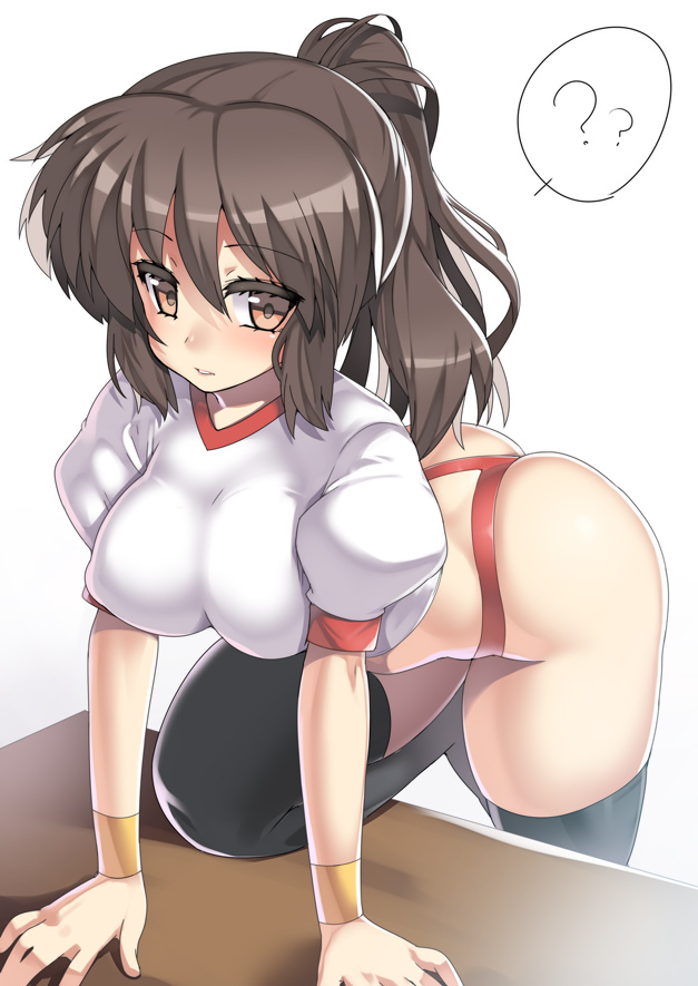 ?, ass, black legwear, breasts, brown eyes, brown hair, buruma, clothing, female, female only, gym uniform, human, impossible clothes, impossible shirt, kyon, kyonko, large breasts, long hair, nagase haruhito, no bra, ponytail, rule 63, simple background, solo, stockings, suzumiya haruhi no yuuutsu, sweatband, thighhighs, tied hair, white background