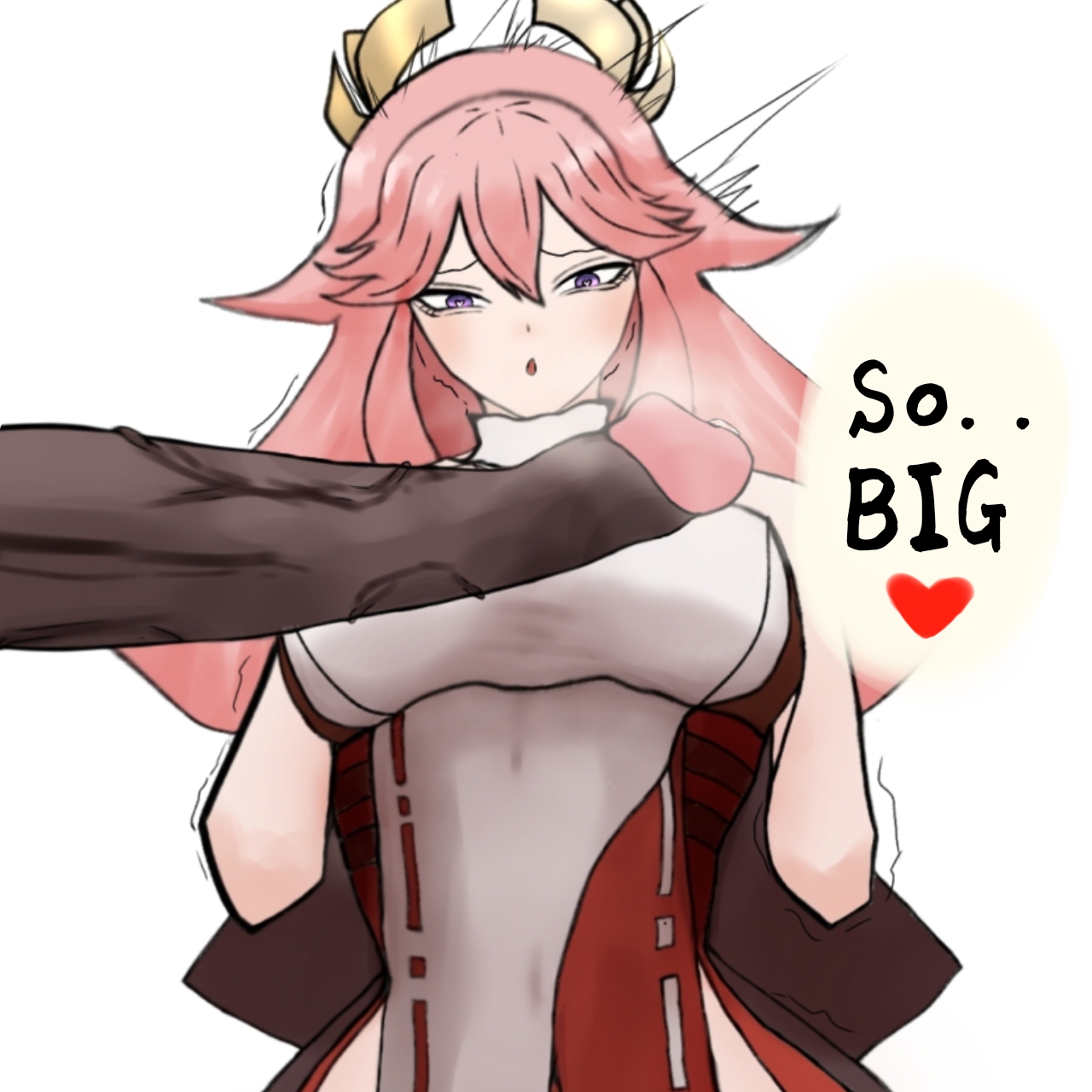 1boy, 1girls, beast, big breasts, big penis, breasts, breath, cheating, dark skin, dark-skinned male, english text, female, genshin impact, heart, heart-shaped pupils, hilichurls (species), kinkylingky, large breasts, light skin, light-skinned female, looking at penis, male, miko, mitachurl, penis, penis awe, penis size talk, pink eyes, purple hair, size talk, text, text bubble, uncensored, yae miko