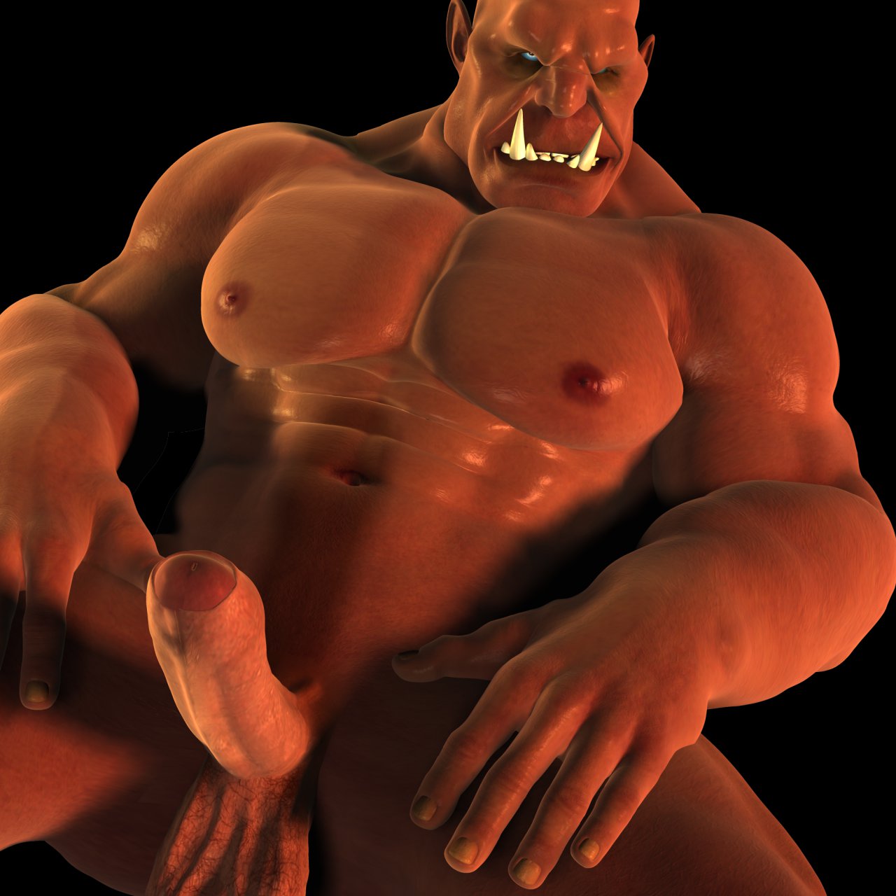 1boy 3d abs balls bartol blue_eyes dark-skinned_male dark_skin male male_only muscles orc orc_male pecs penis red_skin solo solo_male uncut