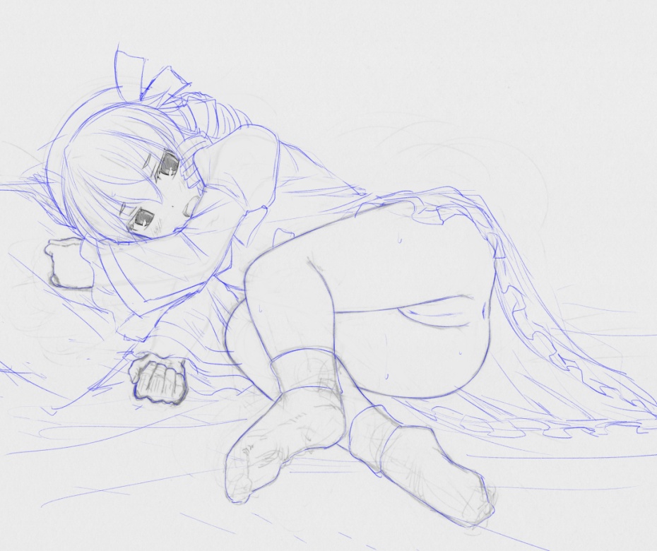 anus bottomless bow dress drill_hair hairbow kasuga_yukihito labia luna_child monochrome on_side pussy sketch socks solo touhou traditional_media uncensored