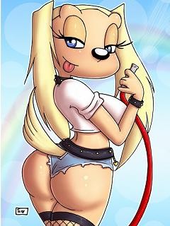 anthro, ass, blue eyes, brandy & mr whiskers, brandy harrington, canid, canine, clothes, disney, disney channel, dog, dog girl, female, female anthro, female only, fur, furry, furry ass, furry female, holding, hose, looking back, mammal, shirt, skimpy clothes, solo, standing, tagme, tail, tongue, toon disney