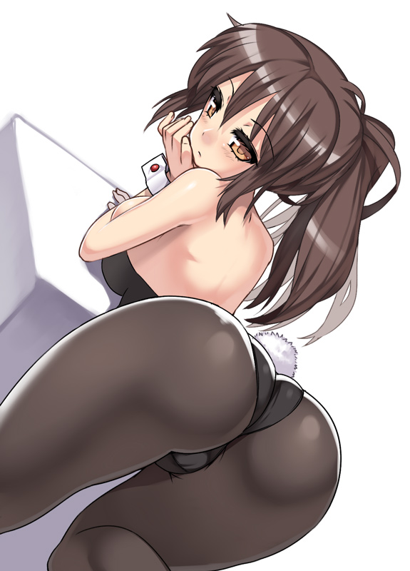 arm_support ass bent_over brown_eyes brown_hair bunny_costume bunny_ears bunny_girl bunny_tail bunnygirl bunnysuit female female_only human kyonko long_hair looking_back nagase_haruhito pantyhose ponytail rule_63 solo suzumiya_haruhi_no_yuuutsu tail tied_hair voluptuous wrist_cuffs