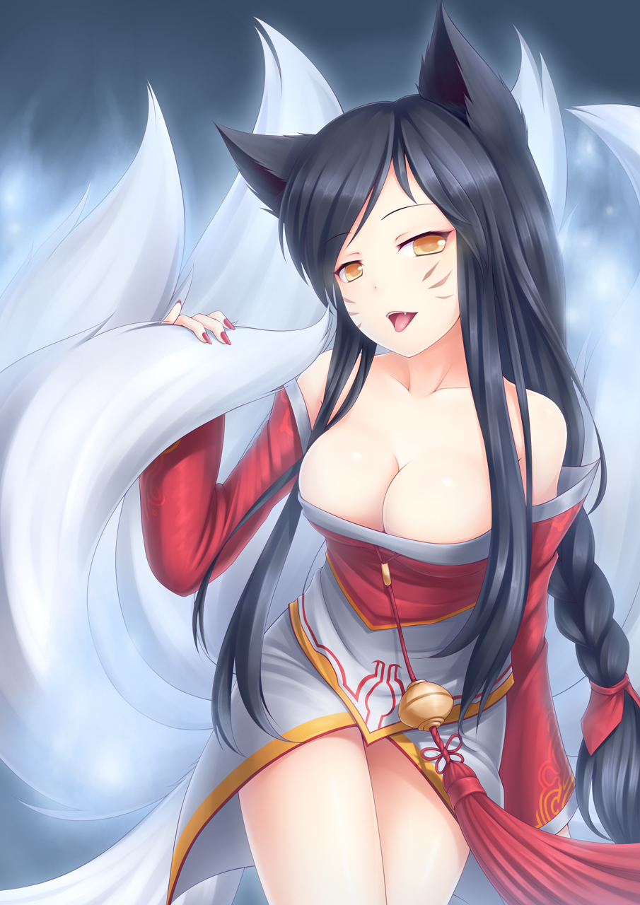 1girls, ahri, animal ears, bare shoulders, black hair, braid, breasts, cleavage, cute fang, detached sleeves, facial mark, female, fingernails, fox ears, fox tail, highres, kerasu, large breasts, league of legends, long fingernails, long hair, looking at viewer, multi tail, nail polish, open mouth, ricegnat, smile, solo, tail, thighs, tongue, yellow eyes