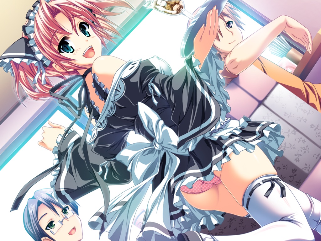 aqua_eyes henshin_3 open_mouth panties pink_hair thighhighs underwear waitress