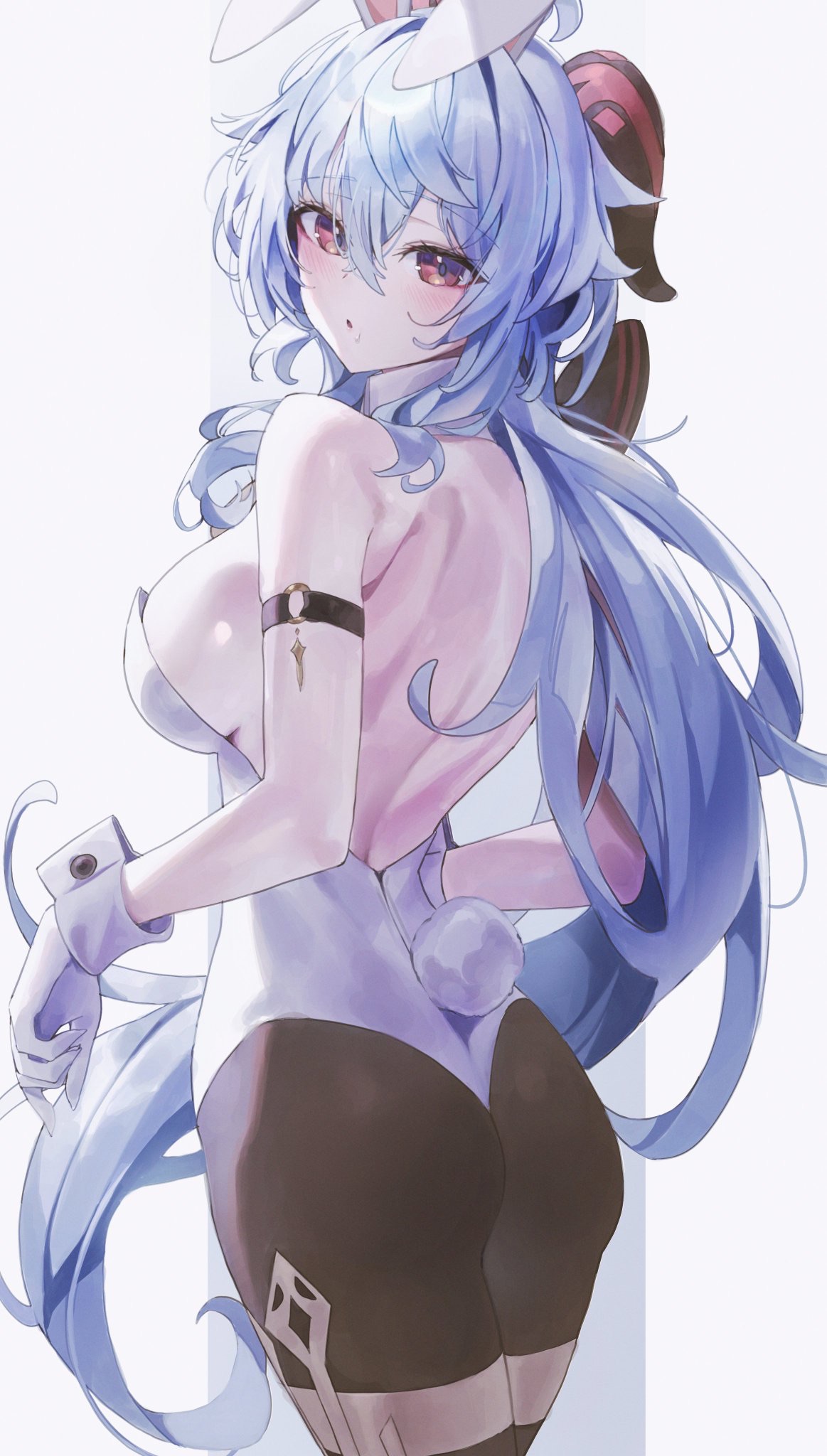 ahoge, ass, big ass, big breasts, blue hair, breasts, bunny ears, bunny girl, bunny tail, bunnysuit, female, female only, ganyu (genshin impact), genshin impact, horns, huge breasts, huge thighs, long hair, purple eyes, red eyes, thighs
