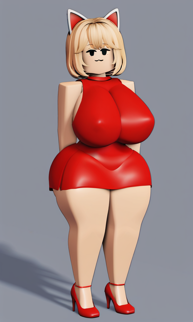 1girl ai_generated bored female female_only giant_breasts girlfriend_(cosplay) girlfriend_(friday_night_funkin)_(cosplay) pixai red_dress roblox sleeveless_dress