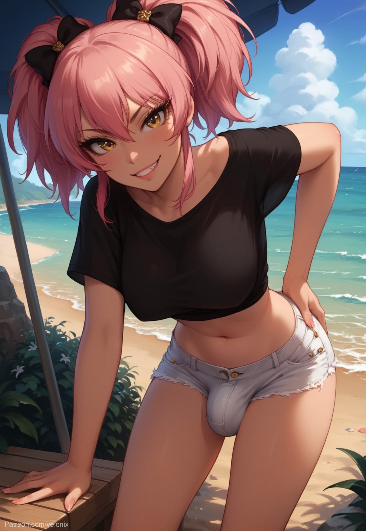 1futa, ai generated, ass, balls, bending, bending forward, big ass, big breasts, big butt, big hips, big penis, black shirt, breach, breasts, cleavage, clothed, clothing, dick, dickgirl, eyebrows, eyelashes, female, futa only, futanari, gold eyes, grin, grinning, grinning at viewer, hair, hands-free, huge cock, idol, idolmaster, idolmaster cinderella girls, idolmaster million live!, idolmaster shiny colors, indoors, intersex, jougasaki mika, lean, leaning forward, lips, long hair, looking at viewer, makeup, midriff, morning, narrow waist, narrowed eyes, navel, nose, outside, penis, pink hair, ribbon, seducing, seductive, seductive eyes, seductive gaze, seductive look, seductive mouth, seductive pose, seductive smile, shirt, short shorts, shorts, small shorts, smile, smile at viewer, smiley face, smooth balls, smooth penis, smooth skin, solo, solo dickgirl, solo focus, solo futa, sunny, testicles, tight clothing, tight fit, twintails, velonix, white shorts, yellow eyes, yellow-eyed female