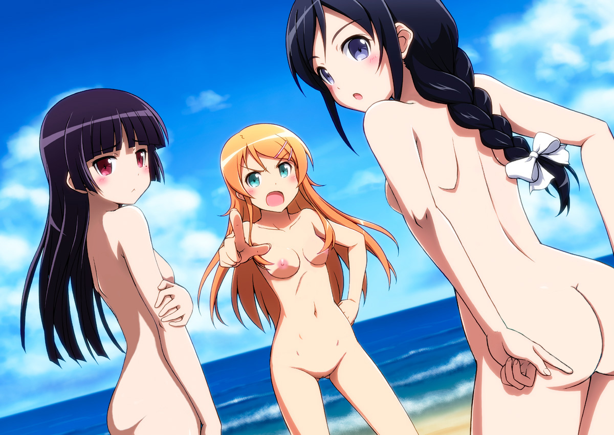 3girls, aragaki ayase, ass, beach, blush, breasts, casual, dark hair, female, female only, gokou ruri, green eyes, human, kousaka kirino, long hair, multiple females, multiple girls, nipples, nude, nude filter, nudist, orange hair, ore no imouto ga konna ni kawaii wake ga nai, pale skin, photoshop, pointy chin, public, pussy, uncensored, zenra