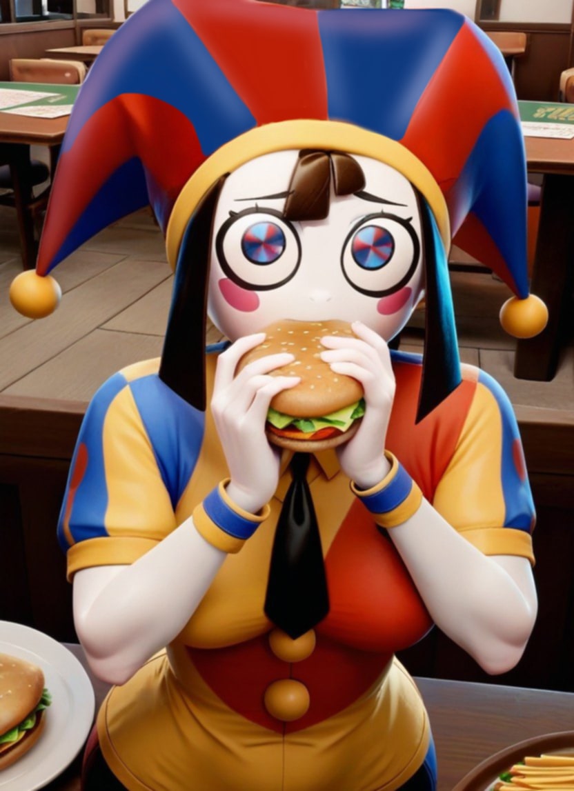 ai_generated cute cute_eyes friki8otaku hamburger jester jester_cap mcdonald's pomni pomni_(the_amazing_digital_circus) the_amazing_digital_circus