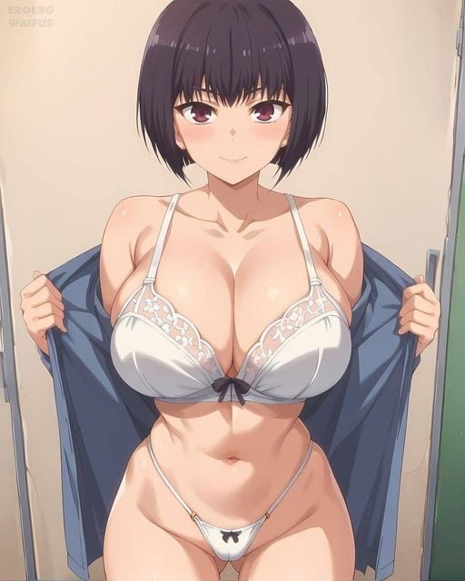 1girls ai_generated big_breasts bra hana_sunomiya looking_at_viewer panties please_don't_bully_me,_nagatoro shirt_open smile solo solo_female underwear