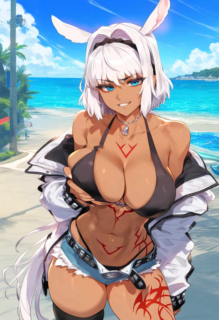 1girls ai_generated big_breasts bikini black_bikini blue_eyes breasts caenis_(fate) dark-skinned_female fate_(series) female female_focus female_only hips huge_breasts large_breasts looking_at_viewer navel short_hair teasing white_hair